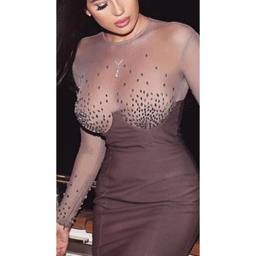 New Style Winter Dress Women Sexy Coffee Color Long Sleeve Beading Mesh Bodycon Vestidos Celebrity Party Bandage Dress Clubwear
