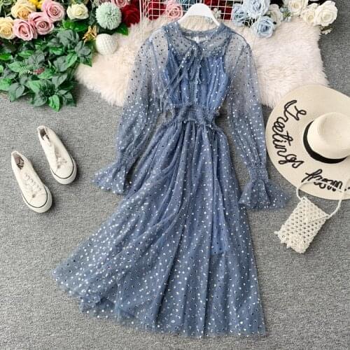 2021 Summer Women Flare Sleeve Bling Sequin Dot Ruffles Pleated Bandage Strap Chic Dress Lady Elastic Slim Mesh Gauze Midi Dress