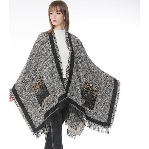 2020 Winter Women Cashmere Scarf With Pocket Pashmina Shawl Ladies Leopard Print Poncho Wrap Blanket Scarves Tassel Foulard