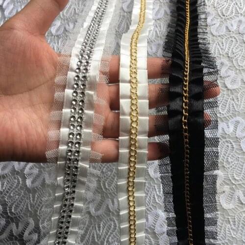 5Yds/lot 2/3.5/4cm wide white/black ribbon mesh lace gold chain fold lace trim diy cuff shoulder accessories AC1122