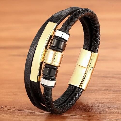 Stainless Steel Accessories Multi-layer Hip Hop Rock Style Gold Color Mens Leather Bracelet New Year Gift