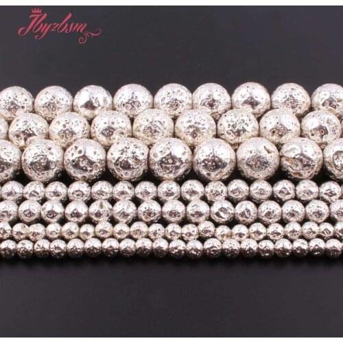 Natural Rock Lava Round Silver Plated 6/8/10/12mm Stone Beads For DIY Necklace Bracelats Jewelry Making Loose 15" Free Shipping