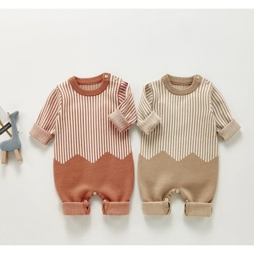 2021 Autumn New Baby Boy Long Sleeve Romper Cotton Newborn Striped Jumpsuit Knitted Sweater Overalls Girls Clothes