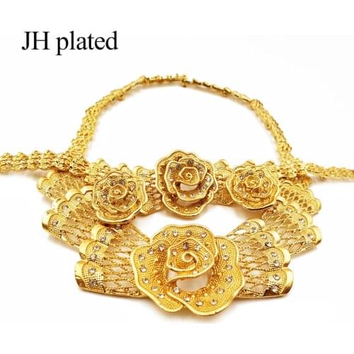 Dubai Luxury 24K gold color Flowers Jewelry Sets of women African Ethiopian Necklace bangles Earrings Ring sets Wedding gifts