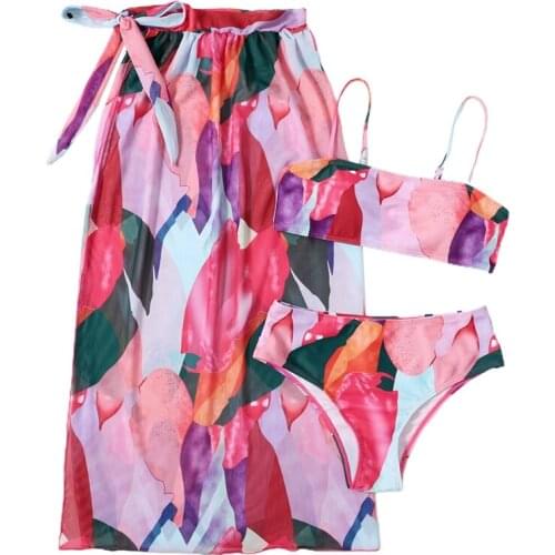 U7EF Women Sexy 3pcs Bikini Set Colorful Graphic Printed Tube Top Bra Triangle Bottom Swimsuit with Tie Waist Beach Skirt Cover