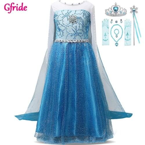 Snow Queen Costumes with Elza Long Dress Grown Wands For Girls Dress up Long Sleeve Halloween Cosplay Party Vestido Blue