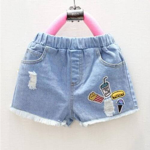2019 children girls summer hot denim shorts Kids casual cartoon patchwork distressed shorts pants for girls 2-7 years