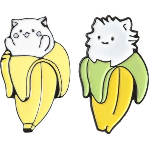 Meowth Super Lovely Kawaii Banana White Hairy Cat Hard Enamel Cartoon Animal Brooches Lapel Pins Cute Animal Jewelry Gifts