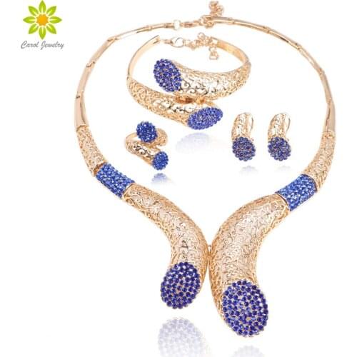 Fashion African Women Gold Color Jewelry Sets Blue Crystal Necklace Ring Earrings Charm Bride Wedding Jewelry Accessories