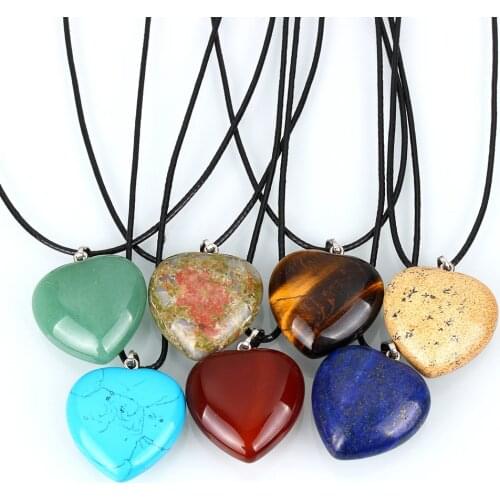 Fashion Jewelry Leather Cord Necklace Tiger Eye Quartz Opal Real Natural Stone Heart Pendant Necklace