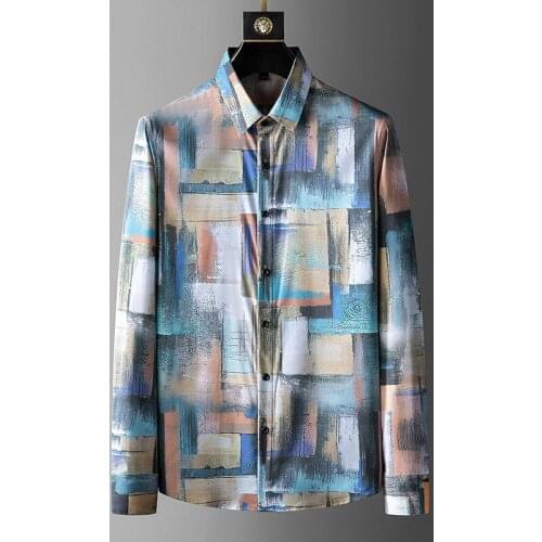 2021 Fashion Color Matching Mens Shirt Striped Plaid Print Mens Slim Long-Sleeved Shirt