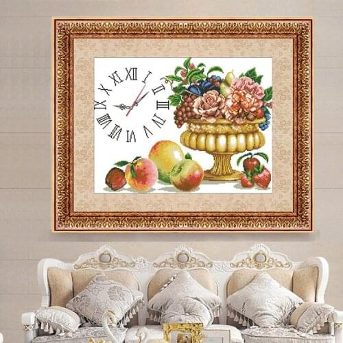 DIY Cross Stitch Kits Printed on The Embroidered Cloth Embroidery Sets Needlework New Fruit and Flowers Clock