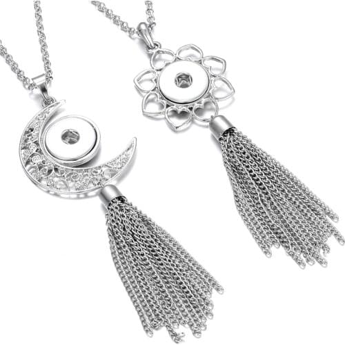 New Snaps Jewelry Silver color Tassel Necklace Flower Moon Heart 18mm Snap Pendant Necklace Women Snap Necklaces