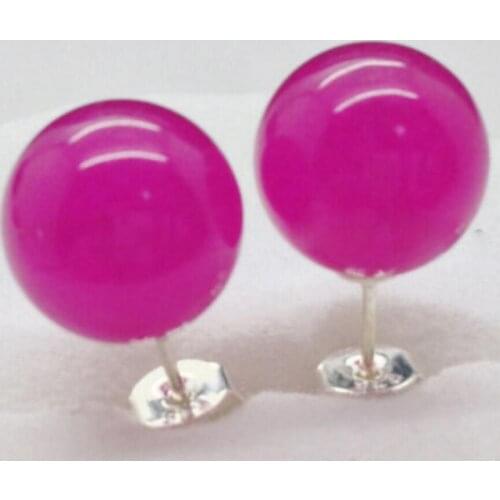 New Pair 10MM Natural Fuchsia Jade Silver Stud Earrings