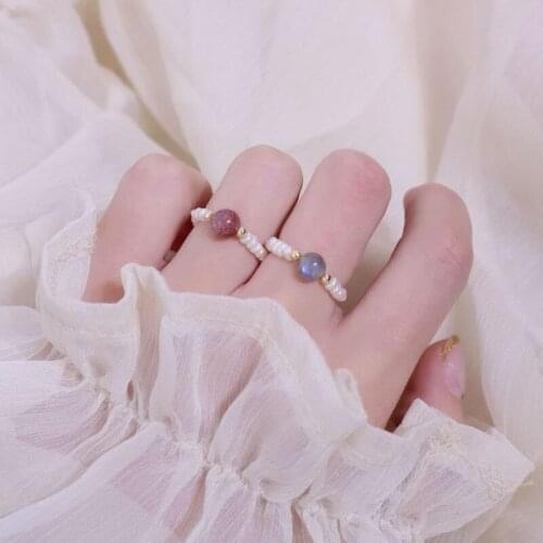 Origin Summer Dainty Baroque Freshwater Pearl Rings for Women Mujer Rainbow Natural Moon Stone Elastic Ring Statement Jewelry