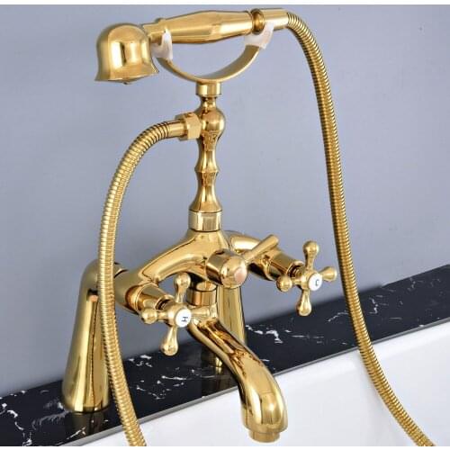 Luxury Gold Color Brass Deck Mounted Bathroom Tub Faucet Set with 1.5M Handheld Shower Spray Head Bath Mixer Tap 2tf773