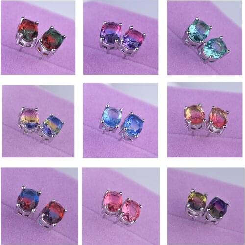 Fashion exquisite S925 red blue green watermelon gradient two-color egg-shaped jewelry ladies engagement wedding earrings