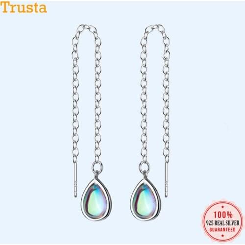 Trusta 100% 925 Solid Real Sterling Silver Stud Earrings Color Water Drop 9.2cm Linked Drop Stick For Teen Girls Women DS1150