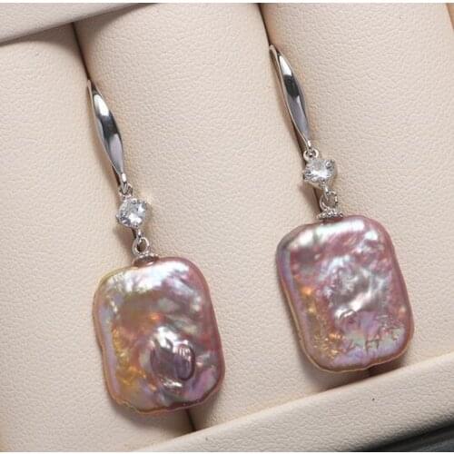 14*18mm Natural color strong light natural Square Earrings Fashion temperament Baroque Pearl Jewellery s925 silver