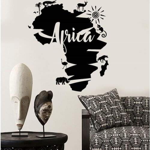 Vinyl wall applique abstract Africa continent map Africa animal stickers, home living room decoration 5063