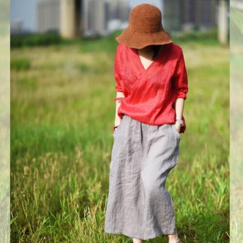 Women Summer Elastic Waist Linen Pants Ladies Vintage Solid Color Wide Leg Trousers Female Retro Flax Calf length Pants 2020
