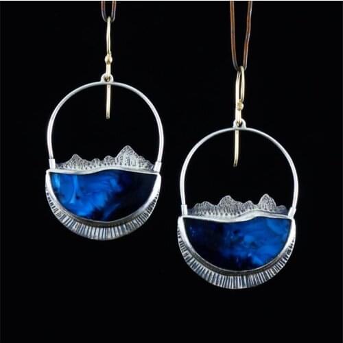 Vintage Pendientes Navy Blue Resin Stone Statement Drop Earrings For Women Boho Jewelry Hollow Out Lock Shaped Dangle Earings