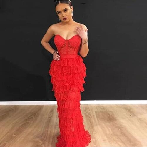 Free Shipping 2021 New Womens Red Puffy Dress Sexy Wrapped Chest Sleeveless Backless Bodycon Ruffled Dress Club Party Vestidos