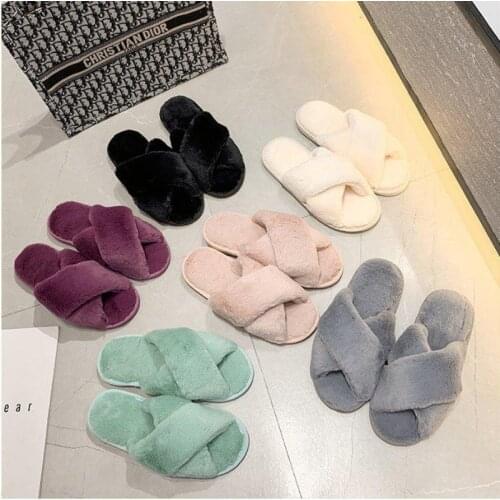 Winter/Spring Women House Slippers Faux Fur Warm Flat Shoes Female Slip on Home Furry Ladies Slippers