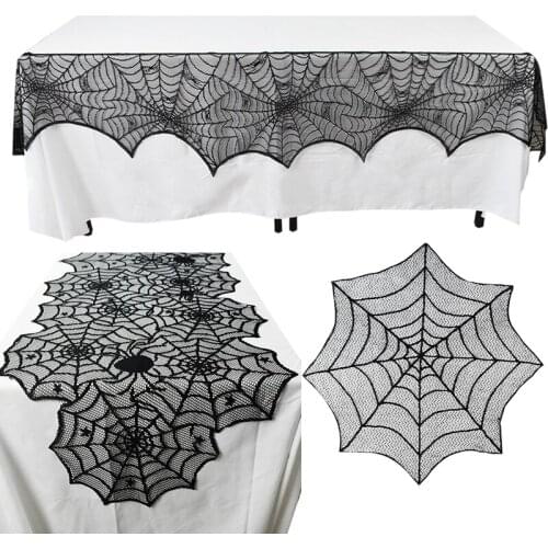 1Pc Black Lace Tablecloth Halloween Spider Web Table Runner Spiderweb Fireplace Mantle Table Cover Mat For Halloween Party Decor