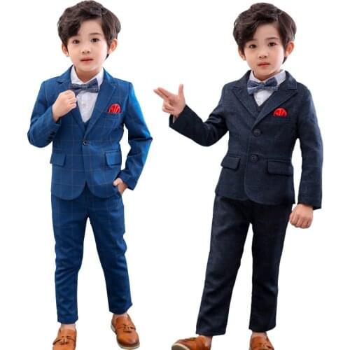 2021 Elegant Baby Boy Wedding Clothes Checkered Children Party Suits Tuxedo Kids Ceremony Costumes Dresses Toddlers Uniform