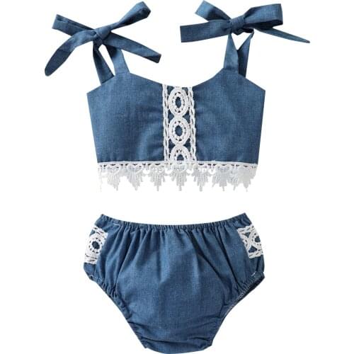2021 0-3Y Infant Girl Clothing Set Lace Blue Solid Sleeveless Crop Top+Triangle Shorts Summer Outfits 2pcs