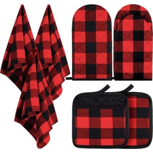 7 Pcs Check Dish Towel Pot Holder Oven Glove Set Non-Slip Heat-Resistant Oven Gloves and Pot Holder for Cooking,Bake,Etc