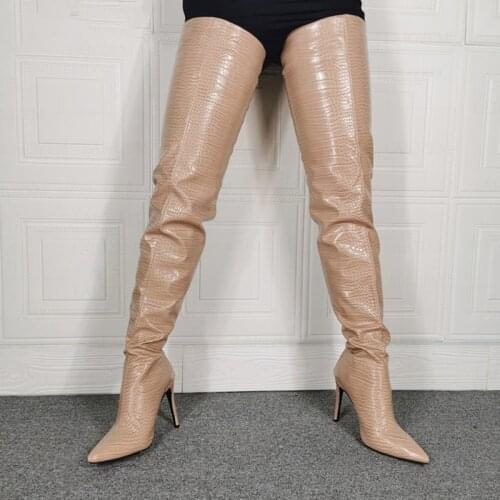 BERZIMER Women Thigh High Heels Boots Back Zip Up Over Knee High Heels Tall Boots Zapatos Ladies Shoes Woman Big Size 39 44 47