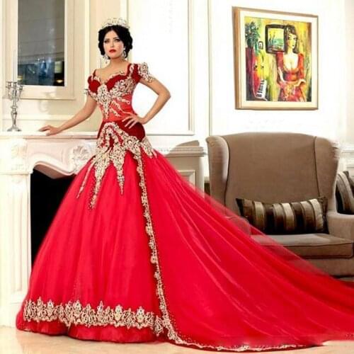 Middle East Arabic Red Mermaid Cheap Wedding Dresses Online with Golden Lace Appliques Cap Sleeve Sweetheart Wedding Gowns Sale