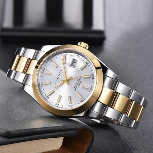 39mm Parnis Silver Dial Sapphire Crystal Date Display Miyota 8215 Golden Mens Automatic Watch Oyster Bracelet Screw In Crown