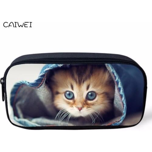 Cute Animal Cat Pencil Case Cosmetic Denim Makeup Make Up Bag Zipper Pouch Purse Portable Children Girls Storage Bag