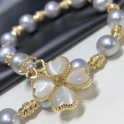 D413 Pearl Bracelet Fine Jewelry Natural Almost Round 9mm Fresh Water Gray Pearls Bracelets for Women