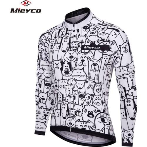 Breathable Men White Cartoon Cat Cycling Jersey Long Sleeve Lycra Eco-Friendly Bike Clothing Road Team Bicycle Wear Shirts