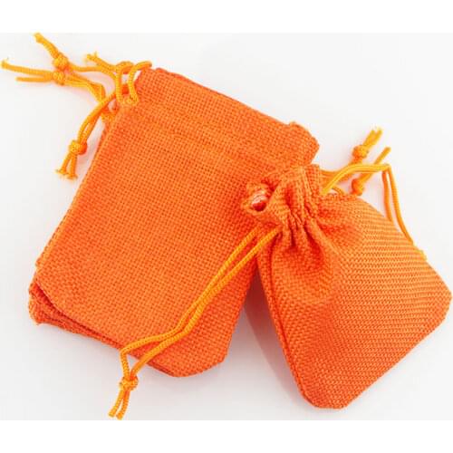 7*9cm Vintage Style handmade Orange color Jute bag Sacks Drawstring gift bags for jewelry/wedding Packaging Linen Bags (100 pcs