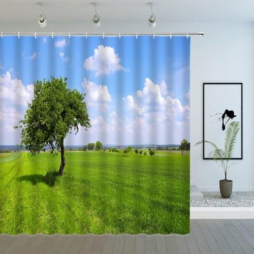 Spring Green Grass Scenery Shower Curtains Sets Farm Plant Blue Sky Grassland Landscape Bathroom Polyester Hanging Cloth Decor