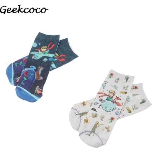 J1683 Classical Cartoon Little Prince Cotton Short Socks Cute Skatebord Socks Fashion One Side Print Socks For Unisex