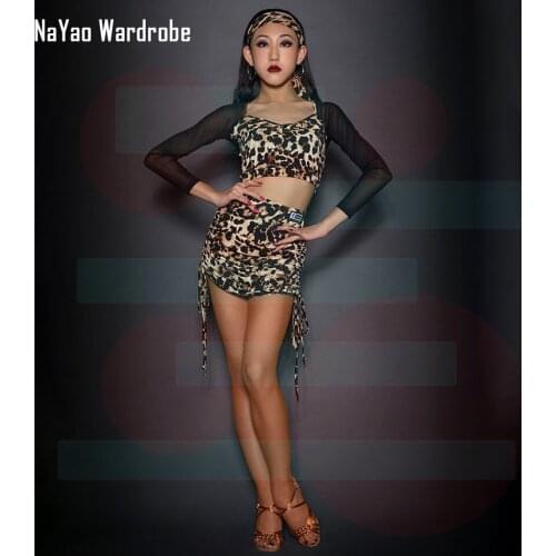 H6171 Children Latin Dancing Sets 2021 Long Sleeves Dances Top Skirt Leopard Tango Salsa Ballroom Kids Cloth for Girls Dancing