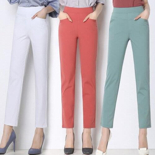 New Summer Women Pants Candy Color Elastic High Waist Pants Slim Large Size Casual Pants Women Clothing Nine Straight Pants 859