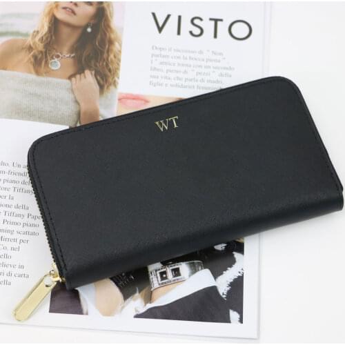 Limited edition customed imitial letters genuine saffiano leather unisex long wallet purse brand zipper wallet with card holders