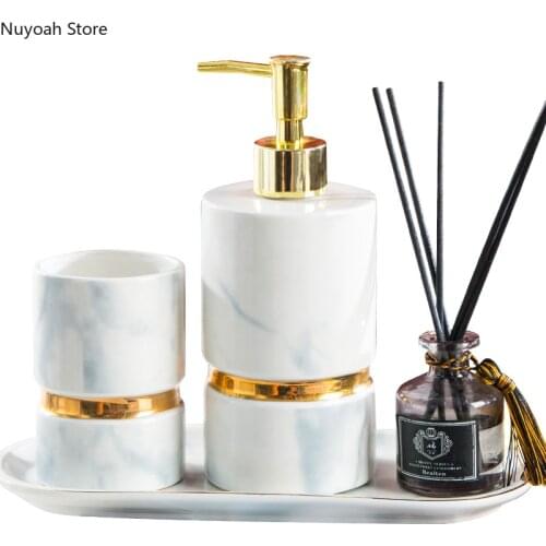 Nordic Light Luxury Bathroom Products Marble Pattern Lotion Bottle Mouth Cup Tray Golden Edge Decoration Bathroom Decoration