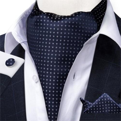 Men Luxury Silk Ascot Tie set Navy Dot Pocket Square Wedding Necktie Self Tie British style Vintage Formal Carvat DiBanGu