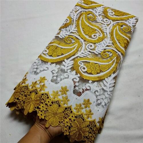 High Quality White And Gold Line Embroidery Net Lace Fabrics With Stones Guinea 5yards African Swiss Voile In Switzerland A26