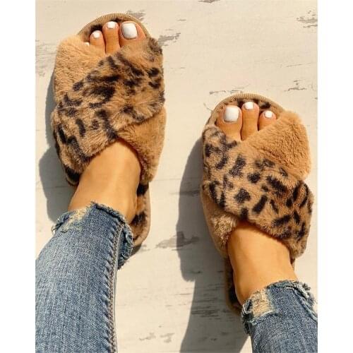Winter Women House Slippers Faux Fur cross Fashion Warm Shoes Woman Slip on Flats Female Slides Leopard grain furry slippers
