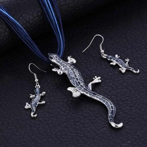 ZOSHI Vintage Leather Rope Jewelry Sets for Women Gecko Animal Pendant Necklace Dangle Earrings 2Pcs Trendy Jewelry Set