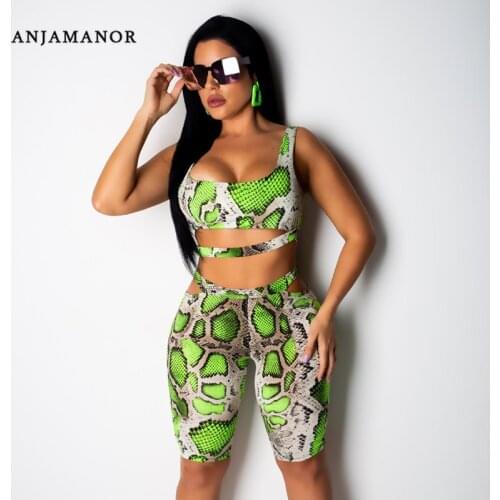 ANJAMANOR Neon Green Snake Skin Print Bandage Bodycon 2 Piece Set Sexy Outfits for Woman Matching Sets Shorts Summer D29-AA56